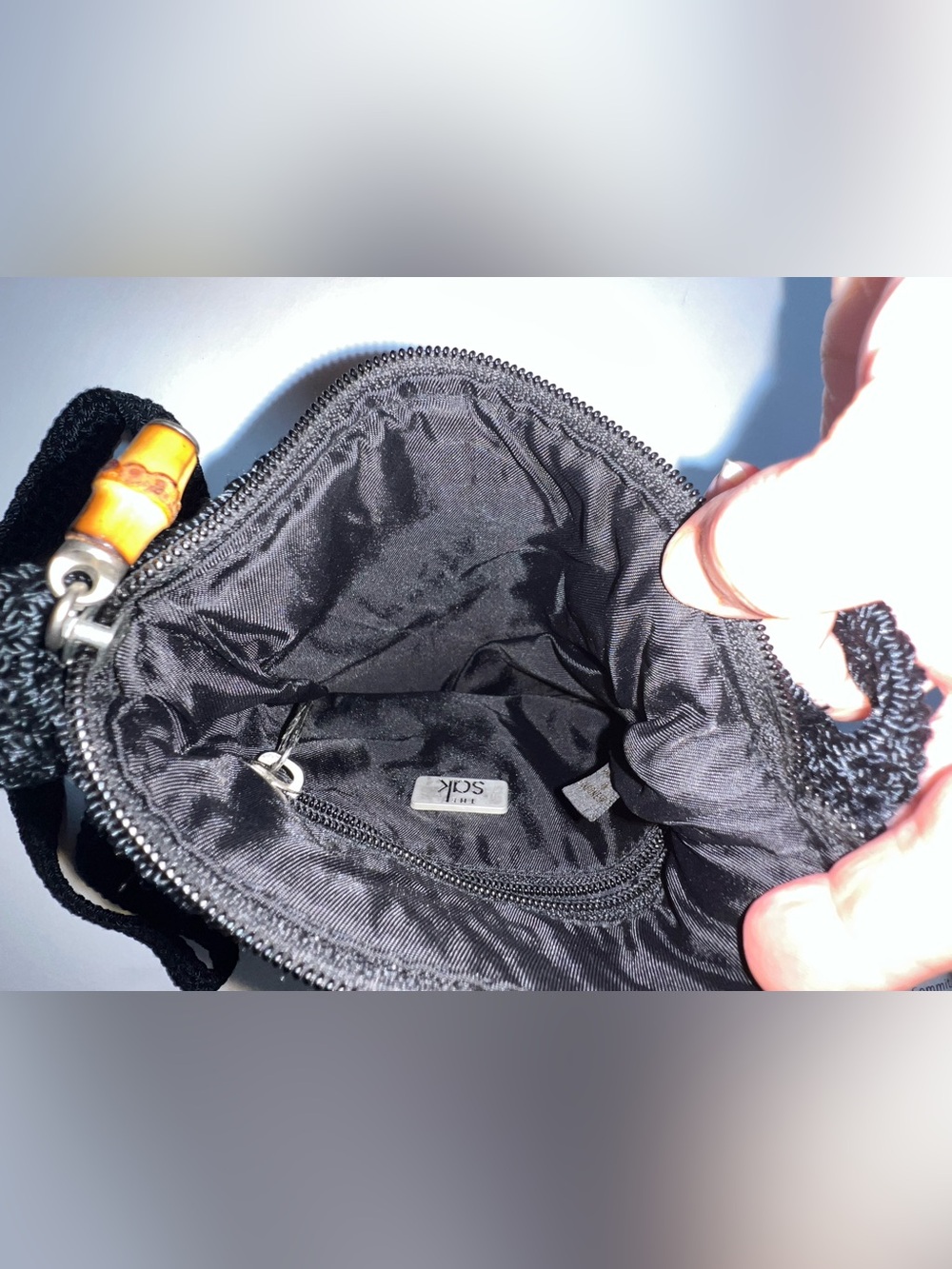 The Sak Vintage Black Hand-Crochet Crossbody Purse Bag Bamboo Zipper Pull Y2K - Picture 10 of 14